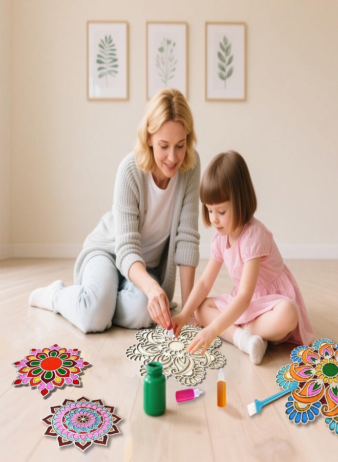 ام ال او ال ام مجموعة MLOLM الخشبية لرسم رانجولي بالرمل - 6 قطع من حصائر أحجية ماندالا قابلة لإعادة الاستخدام مع ألوان وفرشاة رانجولي لتزيين ديوالي والمهرجانات المنزلية والحفلات (3 أحجام) - Image 4